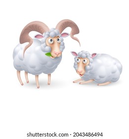 Cute and Funny Two Sheep Characters. Cartoon Illustration of Pair Sheep on White Backdrop. Perfect Template for Children Event Designs, Birthday Cards, or Book Covers