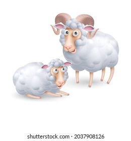 Cute and Funny Two White Sheep Characters. Cartoon Illustration of Pair Sheep on White Background. Perfect Template for Children Event Designs, Birthday Cards, or Book Covers