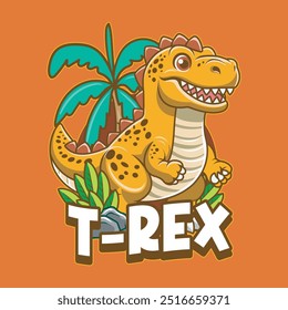 Lindo divertido Tyrannosaurus Rex Dinosaurio Personaje en Vector dibujado a mano Diseño de ilustración de dibujos animados para pegatina, insignia, parche, Anuncio, tarjeta de felicitación, invitación