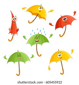 Cute and funny umbrella characters with human face showing different emotions, cartoon vector illustration isolated on white background. Set of umbrella, parasol characters, mascot, design elements