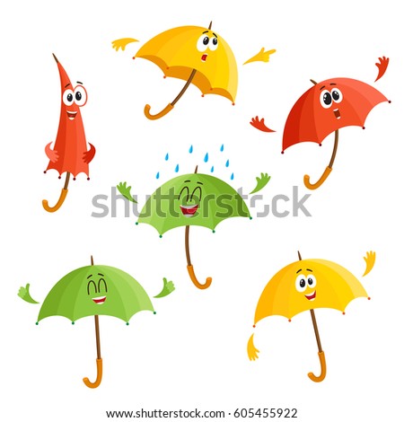 Cute and funny umbrella characters with human face showing different emotions, cartoon vector illustration isolated on white background. Set of umbrella, parasol characters, mascot, design elements