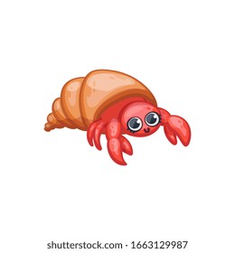 Cute funny underwater animal - cartoon cancer or lobster in shell, kawaii style vector illustration isolated on background. Sea or aquarium dewell for marine design.