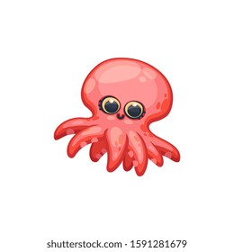 Cute funny underwater creature - pink cartoon octopus in kawaii style vector illustration isolated on background. Sea or aquarium animals character for prints and cards.