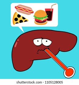 Cute and funny, unhappy and sick human liver character thinking junk foods cartoon. Vector concept illustration