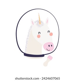 Cute funny unicorn astronaut in space helmet cartoon character illustration. Hand drawn animal, Scandinavian style flat design, isolated vector. Kids print element, space adventure, travel, science