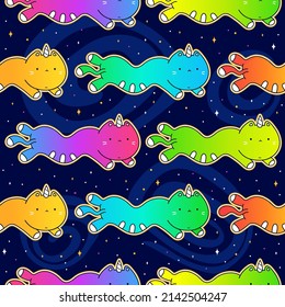 Cute funny unicorn cats fly in space seamless pattern,wallpaper,background.Vector doodle cartoon kawaii character illustration. Cute happy unicorn cats,cosmos,univerce seamless pattern art concept
