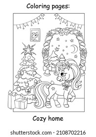 Cute and funny unicorn in a cozy house with a Christmas tree. Coloring book page for children. Vector cartoon illustration. For coloring books pages, print and game.