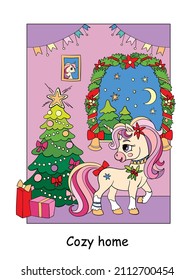 Cute and funny unicorn in a cozy house with a Christmas tree. Vector cartoon illustration. For card, print, design, stickers, decor, kids apparel, puzzle and game.