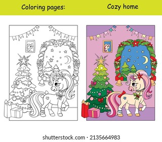 Cute and funny unicorn in a cozy house with a Christmas tree. Coloring book page with color template. Vector cartoon illustration. For kids coloring, card, print, design,  decor and puzzle.