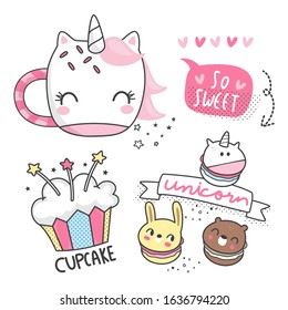 Cute funny unicorn with different desserts isolated on white background illustration vector.