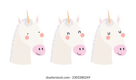 Cute funny unicorn faces illustrations set. Hand drawn cartoon character. Scandinavian style flat design, isolated vector. Kids print element, poster, card, wildlife, nature, baby animals
