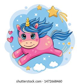  A cute and funny unicorn is flying across the sky. Cartoon and fabulous illustration with a pink little pony, a star and a heart. Romantic story. Wonderland. Vector.