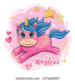  A cute and funny unicorn is flying across the sky. Cartoon and fabulous illustration with a pink little pony, a star and a heart. Romantic story. Wonderland. Vector.
