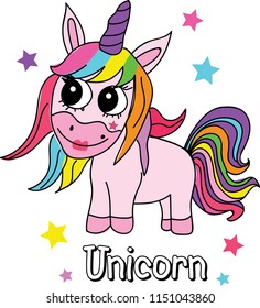 Cute, funny unicorn has big eyes with sketch of stars illustration. emoji, cartoon character, sketch vector