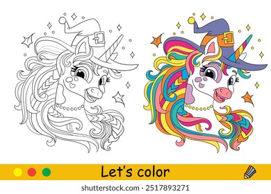 Cabeça de unicórnio bonito e engraçado em um chapéu de bruxas. Conceito de Halloween. Colorir página do livro para crianças com modelo colorido. Ilustração de desenho animado vetorial. Para educação, impressão, jogo, quebra-cabeça, design