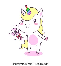 Cute and funny unicorn with lolipop candy  vector