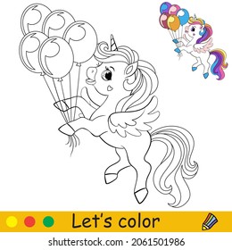 Cute funny unicorn with a long mane and wings holds the balloons. Coloring book page with colorful template for kids. Vector illustration. For coloring, print, game, education, party, design, decor