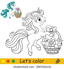 Cute funny unicorn with a long mane holds basket with flowers. Coloring book page with colorful template for kids. Vector illustration. For coloring, print, game, education, party, design, decor