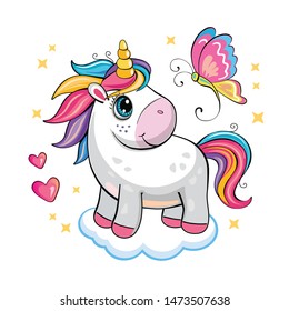 A cute funny unicorn on white background. Isolated illustration with cartoon and fabulous little pony, butterfly, star, cloud and heart. Romantic story. Wonderland.  Vector.