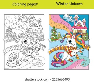 Cute and funny unicorn on a winter background. Coloring book page with color template. Vector cartoon illustration. For kids coloring, card, print, design,  decor and puzzle.