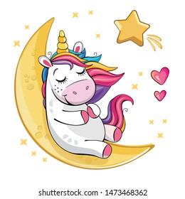 A cute funny unicorn is sitting on the moon. Isolated illustration with cartoon and fabulous little pony, a star and a heart. Romantic story. Wonderland. Vector.