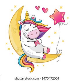 A cute funny unicorn is sitting on the moon and a pink balloon. Isolated illustration with cartoon and fabulous little pony, a star and a heart. Romantic story. Wonderland. Vector.