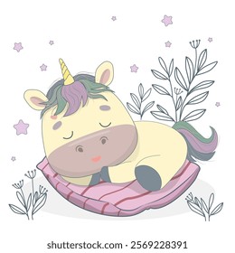 Cute funny unicorn sleeping on soft pillow vector illustration. Design for printing on t-shirt, poster, banner. Lovely print for t-shirt, shopper, notebooks, covers, posters and cards