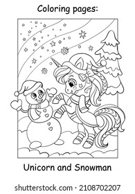 Cute and funny unicorn with a snowman on a winter background. Coloring book page for children. Vector cartoon illustration. For coloring books pages, print and game.