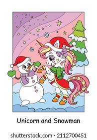 Cute and funny unicorn with a snowman on a winter background. Vector cartoon illustration. For card, print, design, stickers, decor, kids apparel, puzzle and game.