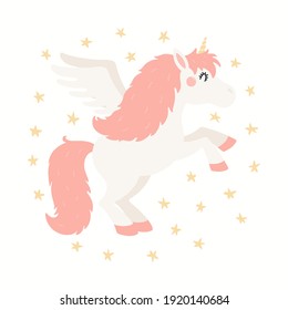 Cute lustiges Einhorn mit Flügeln, langes Haar einzeln auf weißem Hintergrund mit Sternen. Handgezeichnete Vektorgrafik. Skandinavisches Flachdesign. Konzept für Kindermode, Stoffdruck, Poster, Karte