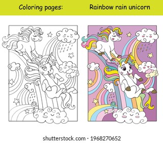 Cute funny unicorns ride down the rainbow. Coloring book page for children with colorful template. Vector cartoon isolated illustration. For coloring book, education, print, game, decor, puzzle,design