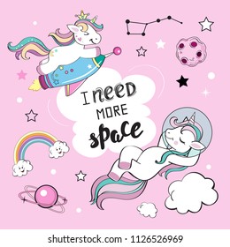 cute funny unicorns in space on a pink background