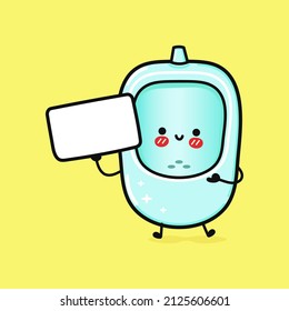 Cute Funny Urinal With Poster. Vector Hand Drawn Cartoon Kawaii Character Illustration Icon. Isolated On Blue Background. Urinal Think Concept Emoji,child,baby,face,adorable,kids,toilet,urinal