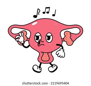 Cute funny uterus walking singing character. Vector hand drawn traditional cartoon vintage,retro,kawaii character illustration icon. Isolated white background. Uterus gynecology,emoji,health,kids