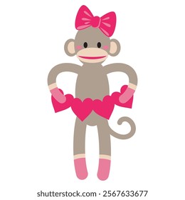 Cute and funny Valentine sock monkey girl vector cartoon illustration