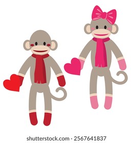 Cute and funny Valentine sock monkey girl vector cartoon illustration