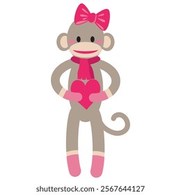 Cute and funny Valentine sock monkey girl vector cartoon illustration