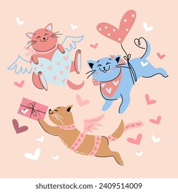 Cute funny valentines cats and hearts. Greeting card for Valentine's Day. Vector illustration doodle style