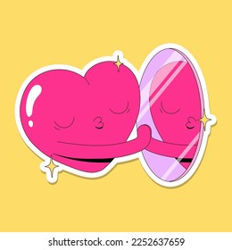 Cute funny Valentine's Day illustrations bundle. Vector sticker pack with pink hearts with faces in love. Self love. Heart kisses a mirror. 