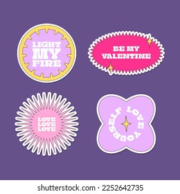 Cute funny Valentine's Day illustrations bundle. Minimalistic vector sticker pack. Colourful retro shapes with phrases. Stars, flowers, hearts with funny faces. Editable badge clipart design