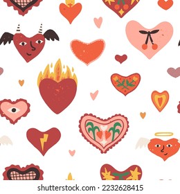 Cute and Funny Valentine's day retro-style seamless pattern. Various vintage-style textured hearts, characters like angels and devils. Vector illustration for wrapping paper, wallpaper, fabric print.