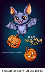 Cute and funny vampire bat with pumpkin lantern. Halloween party invitation poster. Trick or treat. Cartoon style