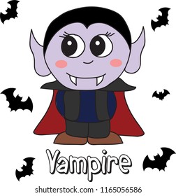 Cute, funny vampire has big eyes with sketch of bats illustration. emoji, cartoon character, sketch vector. Happy halloween