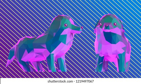 Cute Funny Vaporwave Cartoon Dogs Set. Vector Dog Low Poly 3D Rendering