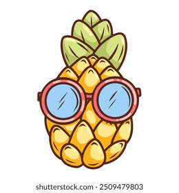 Piña dibujada a mano de la historieta del Vector lindo y divertido en gafas de sol aisladas en el fondo blanco