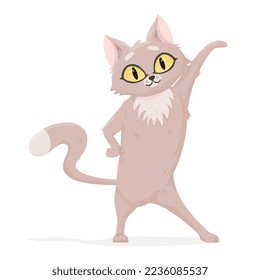 Cute and funny vector cat with big yellow eyes. Cartoon cat or kitten character with flat color in a standing pose. Pet animal isolated on white background.