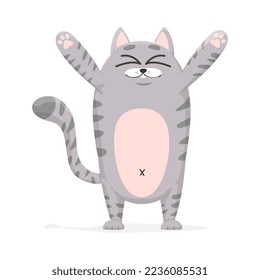 Cute and funny vector cat. Smiling gray tabby cat wants to be hugged. Cartoon cat or kitten character with flat color in a standing pose. Pet animal isolated on white background.