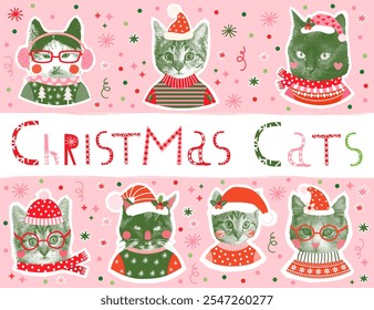 Rostos de gato de Natal vetor bonito e engraçado, desenhos de colagem de meio tom para faixas de férias e cartões de felicitações