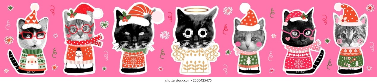 Cute and funny vector collage cats, half tone digital kitty designs with ugly Christmas sweaters and Santa hats for cards, banners