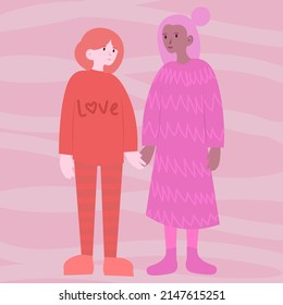 Cute   funny vector drawing an international lesbian couple  Two young women in love holding hands  Love is love  LGBT+